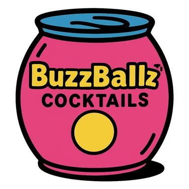 a large pink BuzzBallz cocktail can, playful and bold, with a fun vibe sticker
