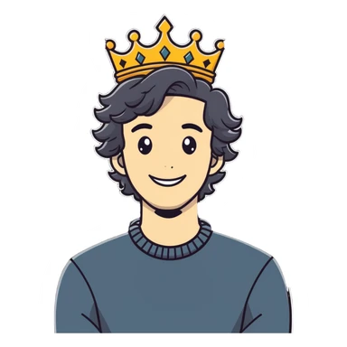 Guy with wavy hair and hands on neck smiling with a crown  sticker