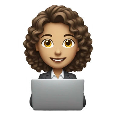 Business woman typing on a laptop with long curly brown hair and white skin smiling sticker