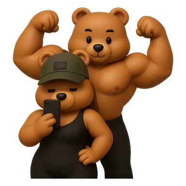 Create two muscle bears in a 3D style with an affectionate and cute vibe. One bear in front has a female shape, and the other behind has a male shape doing a double biceps pose. The style and 3D look should be inspired by the apple bear emoji style shown in the references, with no background. The pose should be inspired by the previous pose reference images provided. sticker