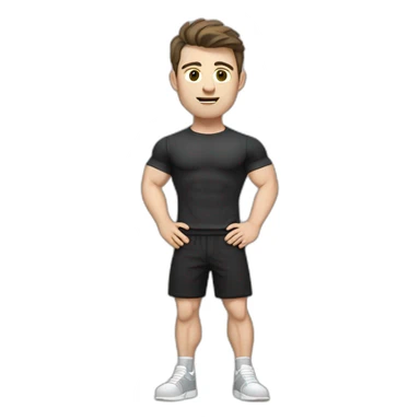 Confused Pale skinned Fit Man With the biceps and dark brown hair in black shirt, gray sports shorts and white Sneakers sticker