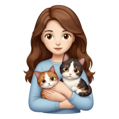 A girl with wavy brown hair and white has brown eyes and holds a calico cat  sticker