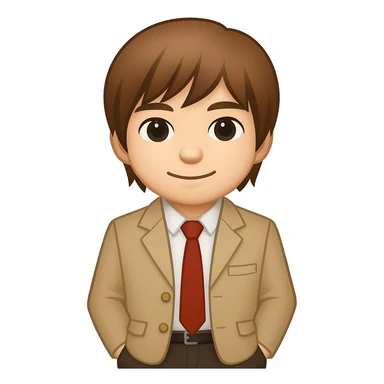 Create an image of Light Yagami from Death Note in the style of apple emojis. He has brown hair and is wearing a school uniform. He is standing with hands in pockets and has a relaxed expression. sticker
