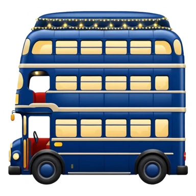 A dark blue double decker bus with cute cosy twinkle lights sticker