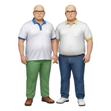 two guys, the first guy is white bald have glases a white dressshirt with rolled up sleeves and green pants he is over weight, The second guy has a yellow skin white golf shirt blue jeans and bald they should stand next to eachother they are both really fat  sticker