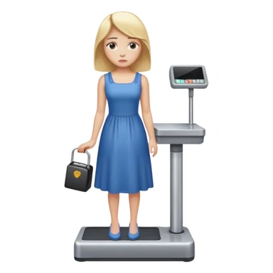women is standing on weight check machine and she is sad because his weight is not ganaing sticker