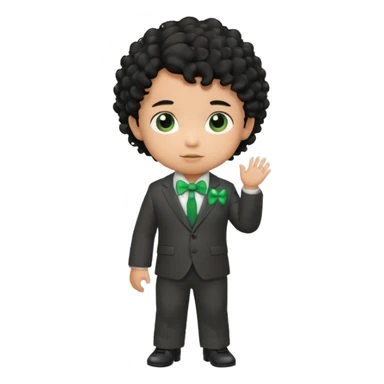 baby boy curly black hair in suit, with green bow sticker