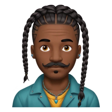 big lose braids starting from the top of the head man with mustache face wiith big visible loose only two braids and lots and lots of colored face tattoos colored tattoos like a tattoo artist hair unique color sticker