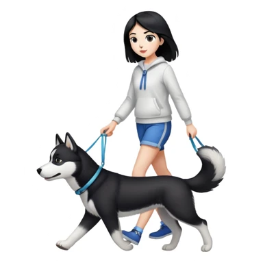 A black-haired girl walking a black and white husky sticker