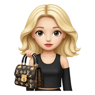 long wavy blonde girl inspired by Chloe from Bratz, wearing a Chanel logo two-piece black and white outfit, carrying a Louis Vuitton bag, emoji style sticker