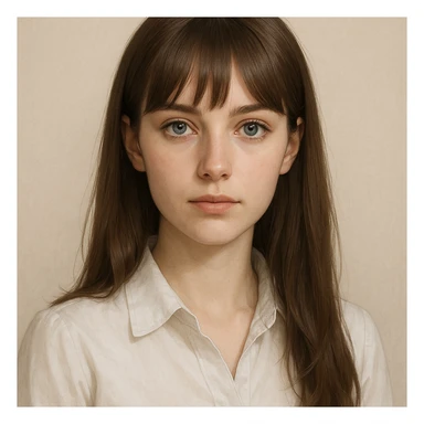 female character, fair skin, brown hair long and straight with bangs, blue-grey eyes, white blouse, minimal background sticker