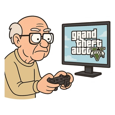 an old man with glasses holding a video game controller, focused in front of a screen displaying GTA V, cartoon style sticker
