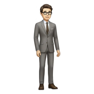 Full height Pale skinned Fit Man With dark brown hair in classic gray suit, beige office shirt, dark gray tie, and vintage glasses. His hands lock sticker