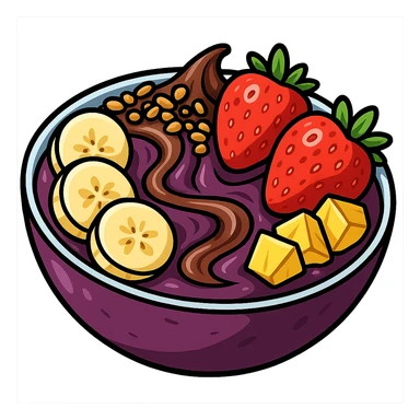 acai bowl with banana, strawberries, Nutella, pineapple, and granola, cartoon style, bright colors, detailed toppings sticker