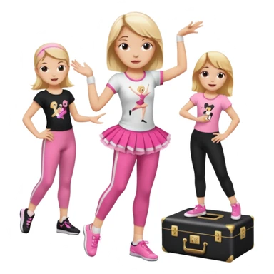 Hiphop dancer, with cute big pants, sneakers, and t-shirt. White girl blond. Coloufull shirt. No pocket pants. Dancing. Pink and black plain outfit. No sweatbands on the wrist, black music box behind her. Ballerina pose. with dancing kids behind her. With a music box sticker