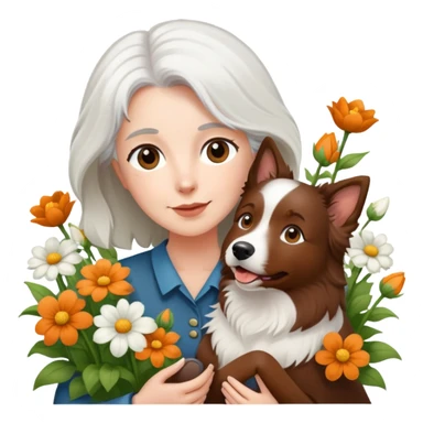 A white-haired woman holding a brown Border Collie in the flowers sticker