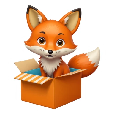 playful fox with big eyes in a colorful box, gazing upward, emoji style sticker
