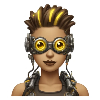 Brown with yellow streaks Mohawk hair female cyborg head, tan skin, steampunk goggles and circuits sticker