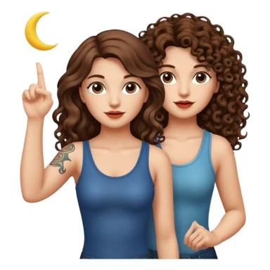 moon symbol discovery — long wavy brown hair tattooed woman and short tight curly brown hair woman — pointing up sticker