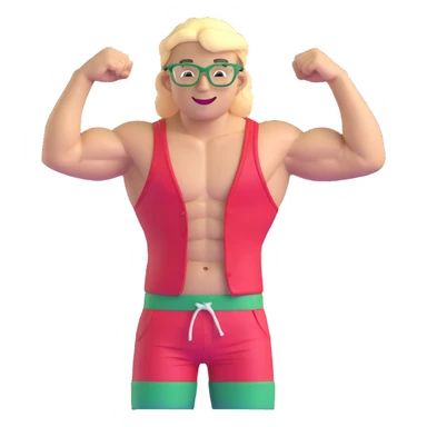 Man with black and white cap, bare torso, red shorts, clear glasses, messy light blond mullet hairstyle, smiling and flexing muscles sticker