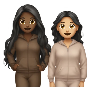Two girls  sleepover both tan skin  one girl has short dark brown hair and the other has long black hair both matching brown pajamas  ￼ sticker