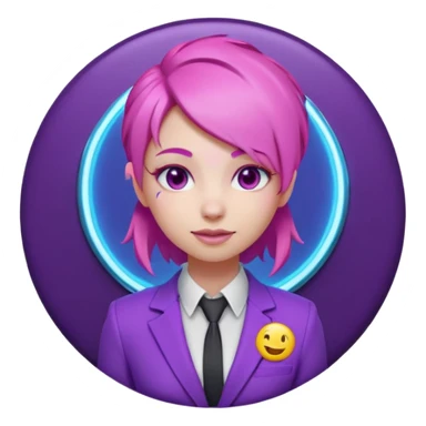 Cute 3D emoji-style girl sexy character with pink hair and purple eyes, inside a circular badge. No hands, no pose. Clean purple suit with a glowing neon-blue ‘C’ logo on the chest, small lightning accent. Smooth Apple-style lighting, friendly expression sticker