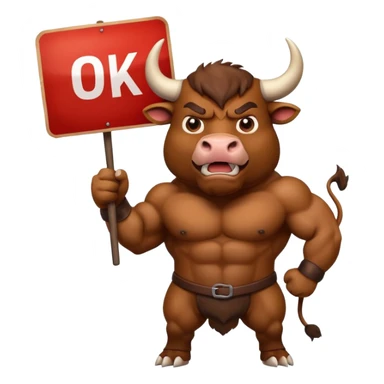 Angry powerful bull emoji holding a sign with the words OK in front of it sticker