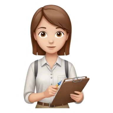 Intern or volunteer with brown hair holding a clipboard and pencil, ready to take notes or assist. The character wears a simple shirt and has an eager posture sticker