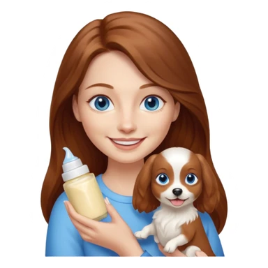 long hair chestnut color blue eyes woman holding small cream dog sticker