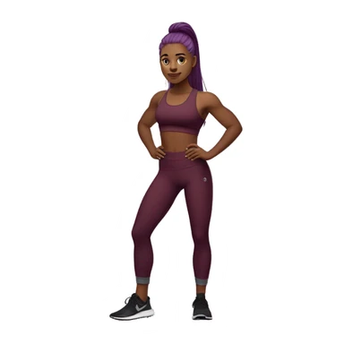 A girl with long straight purple hair and high cheekbones girl,  wearing a Bordeaux burgundy sports bra and medium gray yoga pants, Bordeaux burgundy calf socks, and black low-top canvas shoes, showing her 6 pack abs sticker