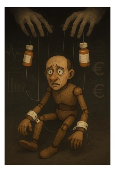 a marionette puppet with hospital bracelets and medication bottles as strings is controlled by unseen hands from above. The puppet’s face shows confusion and fatigue, representing the feeling of being managed by an invisible system. The background is dark, with faint images of medical charts and euro signs. in italiano sticker