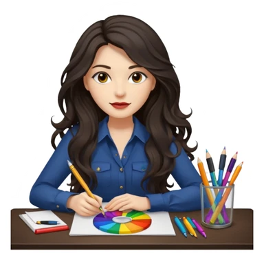 female dark wavy long hair graphic designer , color wheel, pens, papers , desktop sticker