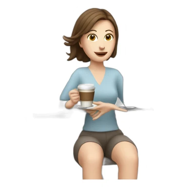 woman with pale skin and brown hair behind a computer juggling with coffee cups sticker