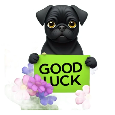Black pug , surrounded by flowers, holding a green sign that says “good luck”  sticker