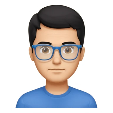 portrait of american man, wearing a blue shirt, square glasses, black hair sticker