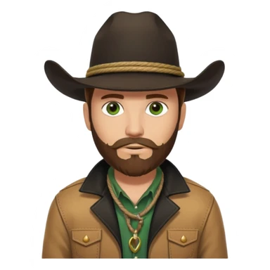 yellowstone ranch cowboy with brown beard, black cowboy hat with black rope and no jewel, black t-shirt, leather tan jacket, and green eyes sticker