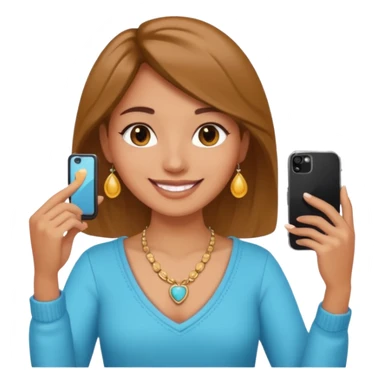 young woman with phone in her hand, happy, selfie style. @emoji sticker