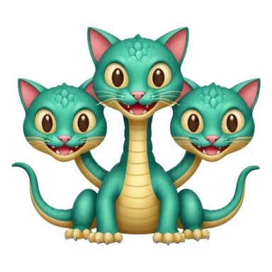 three-headed hydra cat inspired by the grinning cat emoji, playful and cute, each head with a different expression, vibrant colors, cartoon style sticker