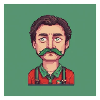 Recep İvedik, exaggerated facial features, thick eyebrows, mustache, red shirt, comedic expression, retro game vibe, pixel art sticker