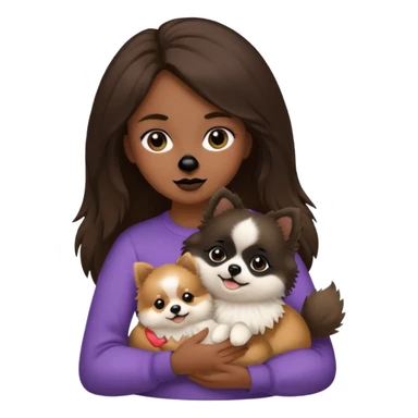 A brunette girl holding a Pomeranian dog who has black face but in the middle it’s white line sticker