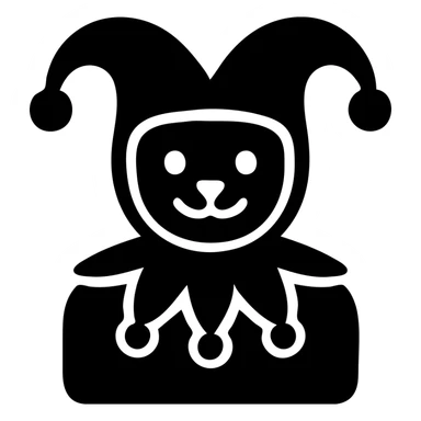 crazy cute little cat jolly joker from poker, medieval, vintage, court jester, mac os icon, purple, gold and red color, head + torso. Squared shape as 3D mac os system icon, symmetrical sticker