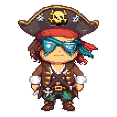 a pirate captain with an eyepatch, pixel art style sticker