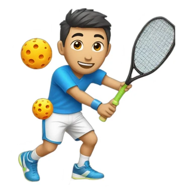 short hair right-handed Chinese Male hitting a pickleball with rectangle Pickleball Paddle sticker