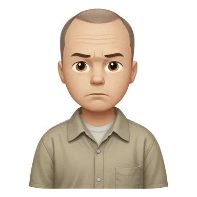 Carl from Sling Blade, serious expression, recognizable features, chin sticking out, slouching posture, no glasses, shirt with collar,  side view,show his entire body, he is standing. three-quarter face angle. He sticks his head forward. change face style sticker
