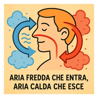 colorful illustration showing cool air entering nose (blue), warm air exiting (red), arrows indicating cycle, caption in Italian sticker