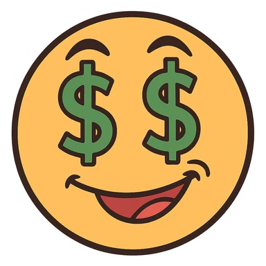 smirking emoji with money eyes, flat modern style, bright saturated colors golds greens reds, minimal but expressive, universal look sticker