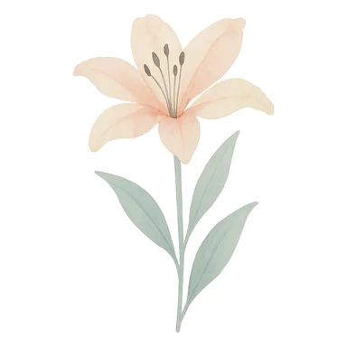 lily with stem and leaves, luminous colors, gentle blending, realistic botanical illustration sticker