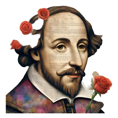 Shakespeare person made of newspaper cuttings wearing flowers, stained glass, fairy lights, bokeh, annotated sketch, handwritten letters, collage of intricate patterns, roses flowers sticker