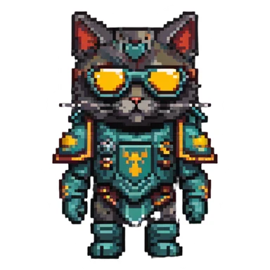 cat wearing sunglasses in Warhammer 40,000 inspired armor sticker