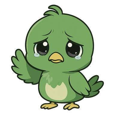 green chibi anime bird waving goodbye, sad expression, chibi style, anime style, cute character, waving hand sticker